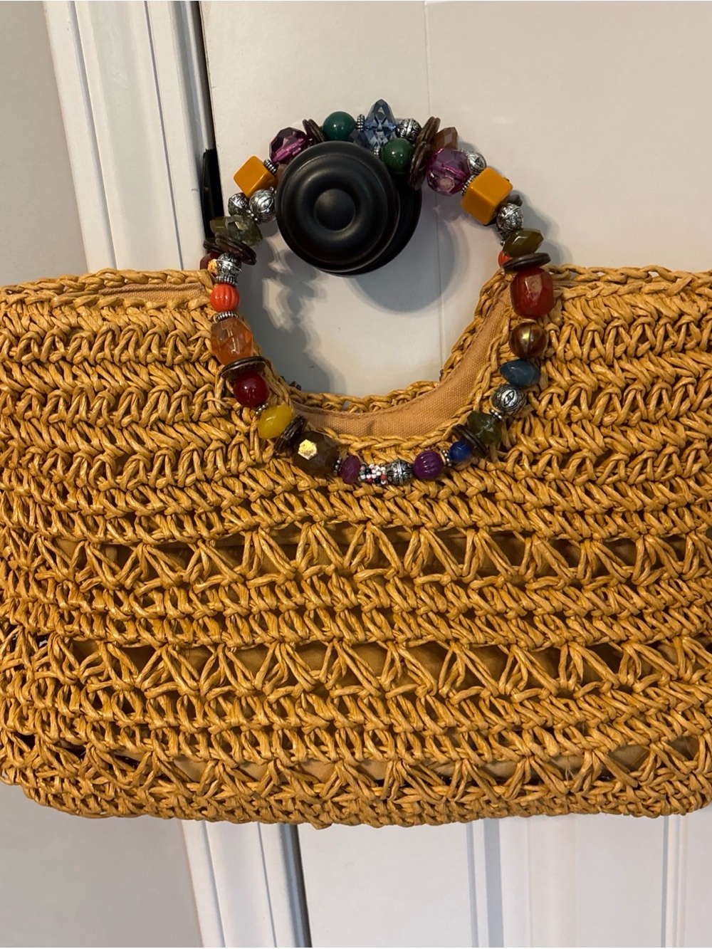 Cappelli Straworld Summer purse Handbag Woven Straw Color Beaded Handles 10x13x5